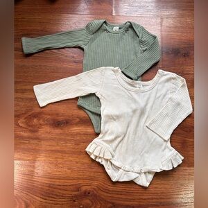 Set of 2 Kate Quinn Long Sleeve Ribbed Baby Bodysuits in Sage and Cream
